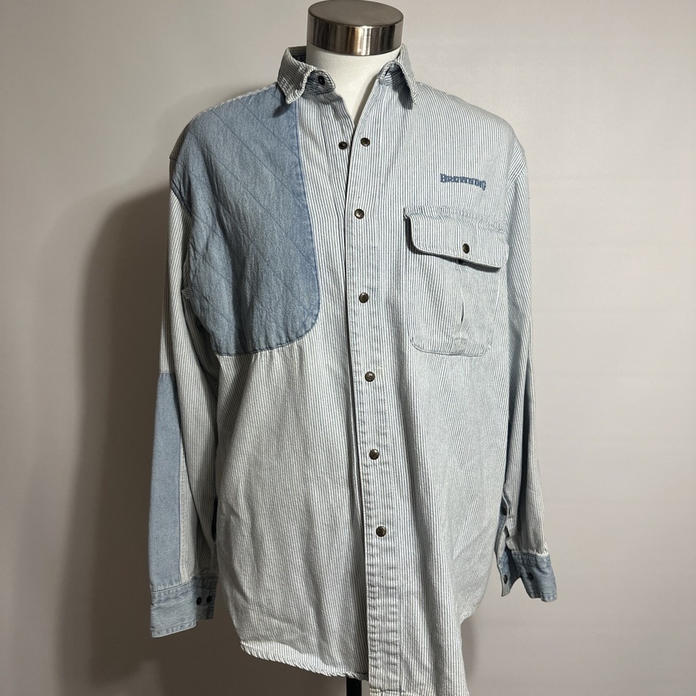 Browning Super Naturals Long Sleeve Shirt Men's L Bluestripe Shirt Button Up VTG